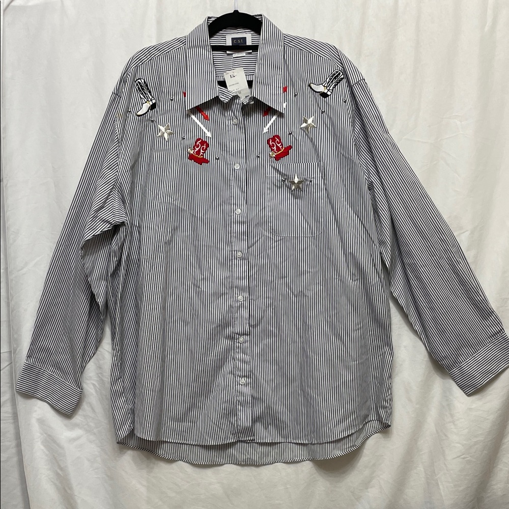NWT Western Embroidered Black Red & White Striped Women's Button Down Shirt, 1X
